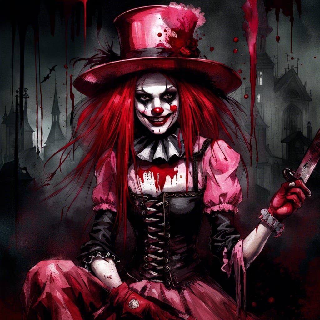 Gothic Killer Clown Girl in Tim Burton Style