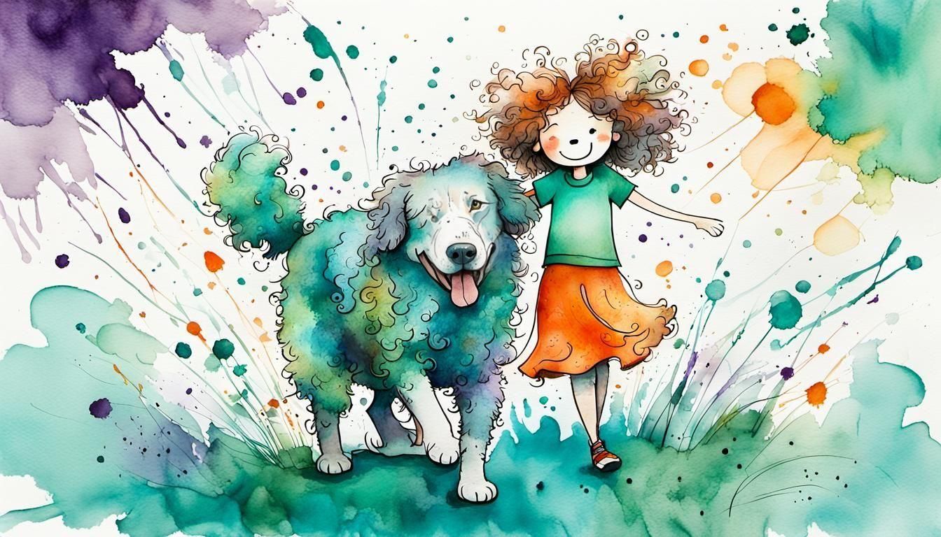 Girl and Dog Ink Drawing in Quentin Blake Style