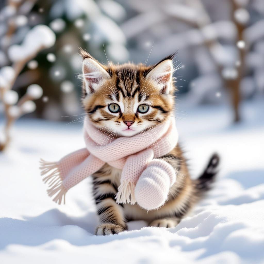 Kitten's Snowy Day: Whimsical Illustration