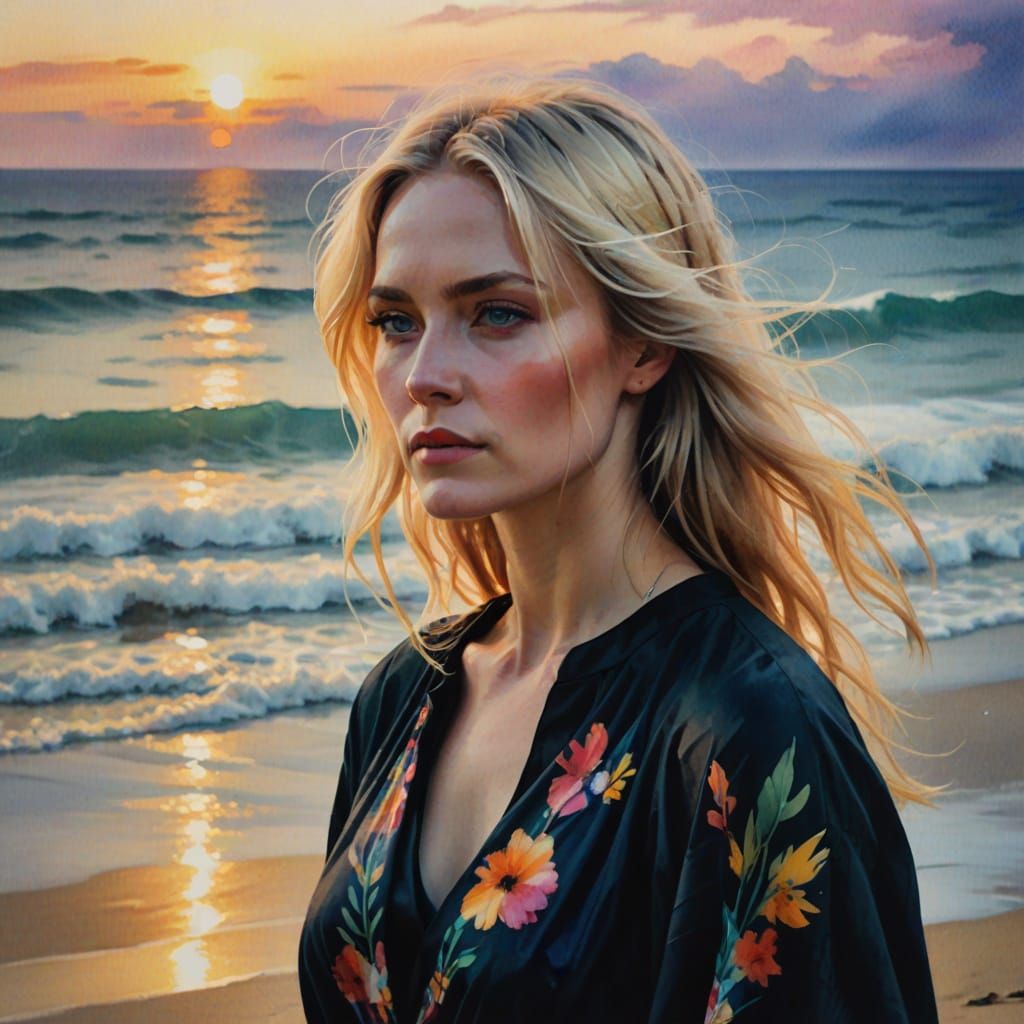 Blonde Woman in Double Exposure Beach Scene, Watercolor Styl...