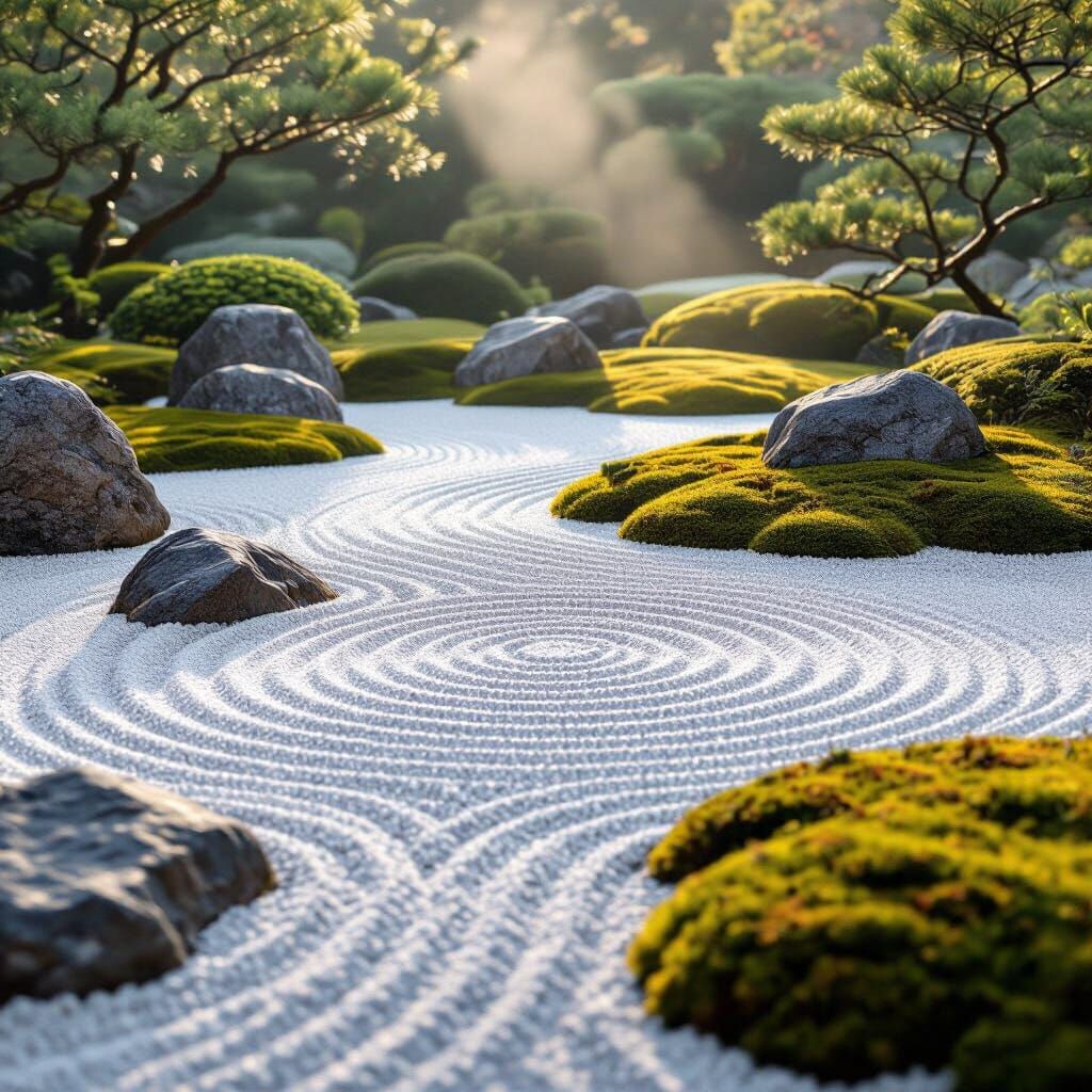 Serene Zen Garden with Raked Gravel and Moss