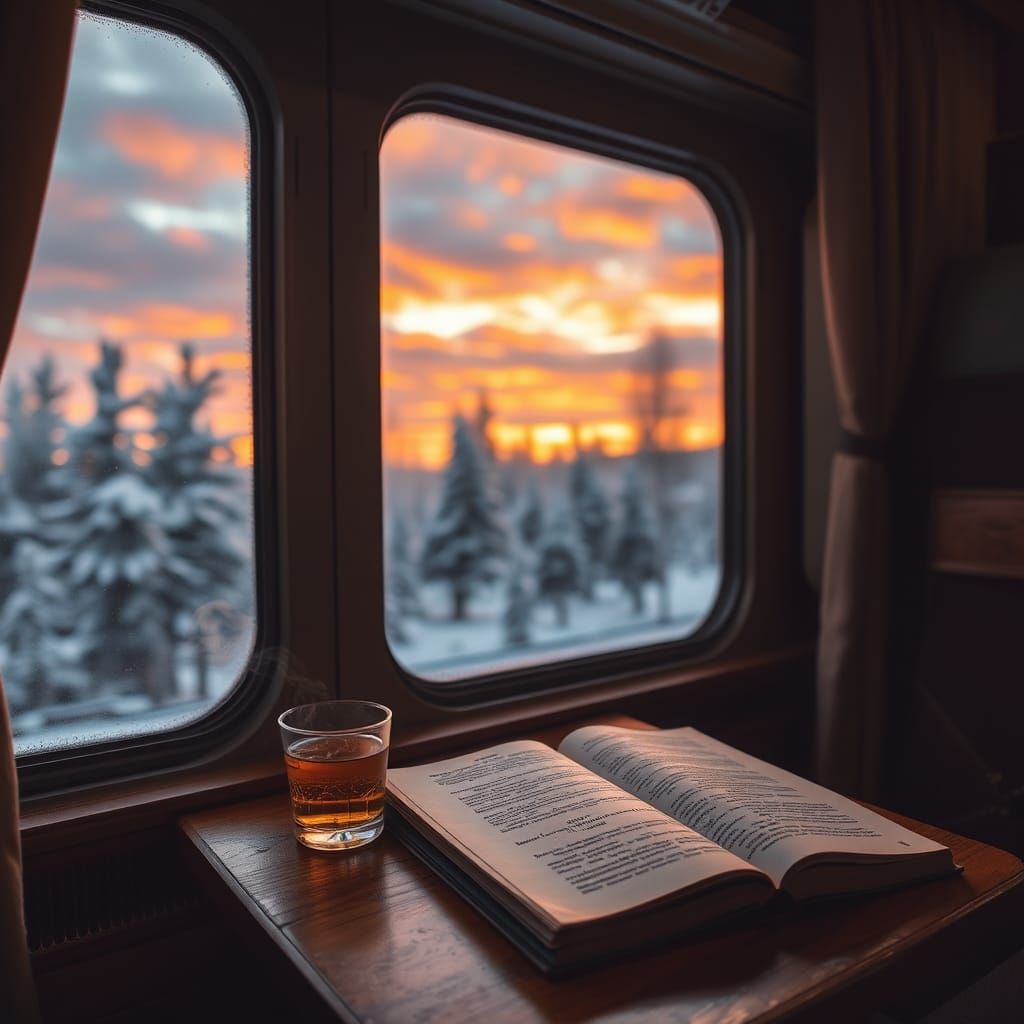 Winter Sunset Train Journey in Impressionist Style