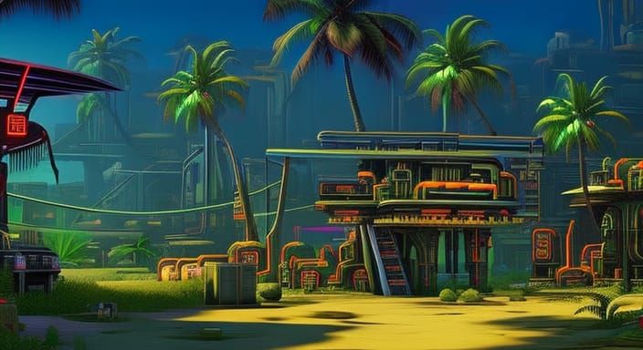 Cyberpunk Village in Amazon as Digital Painting
