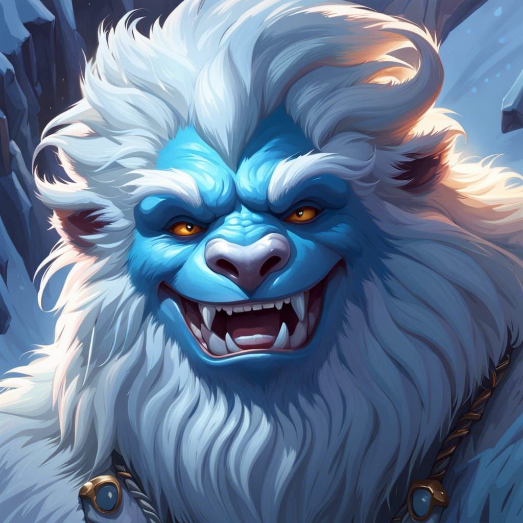 Yeti, smiling yeti, furry yeti, snowy mountain setting, head and shoulders portrait, 8k resolution concept art portrait ...