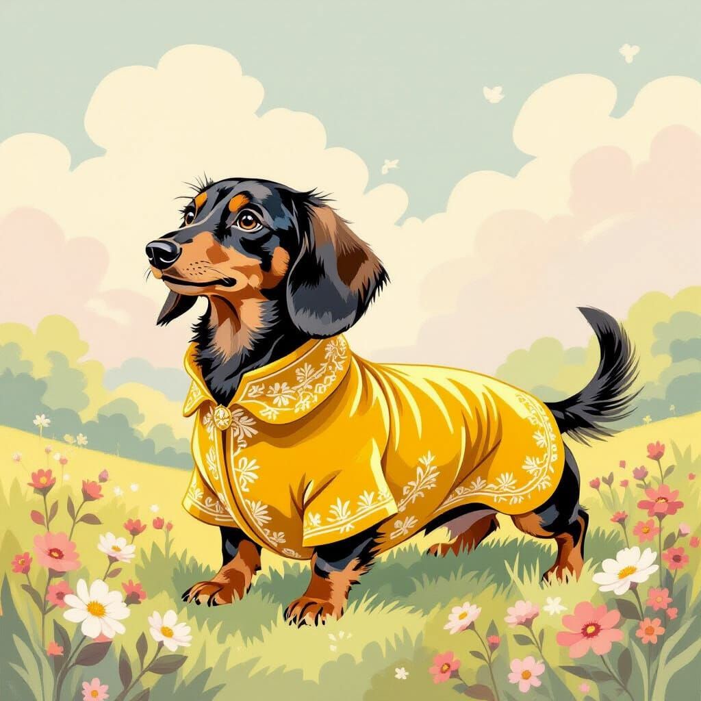 Dachshund in Velvet Coat in Dreamy Landscape
