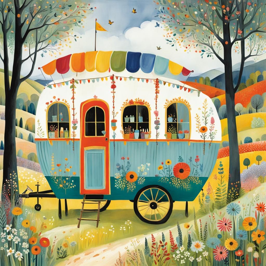 Colorful Gypsy Wagon in a Whimsical Landscape