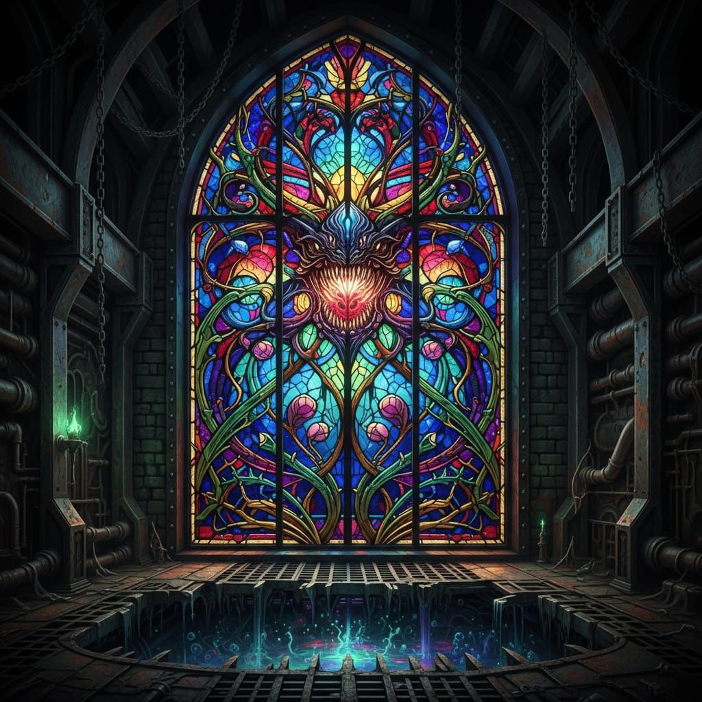 Gothic Stained Glass Monstrosity in Industrial Dungeon Style
