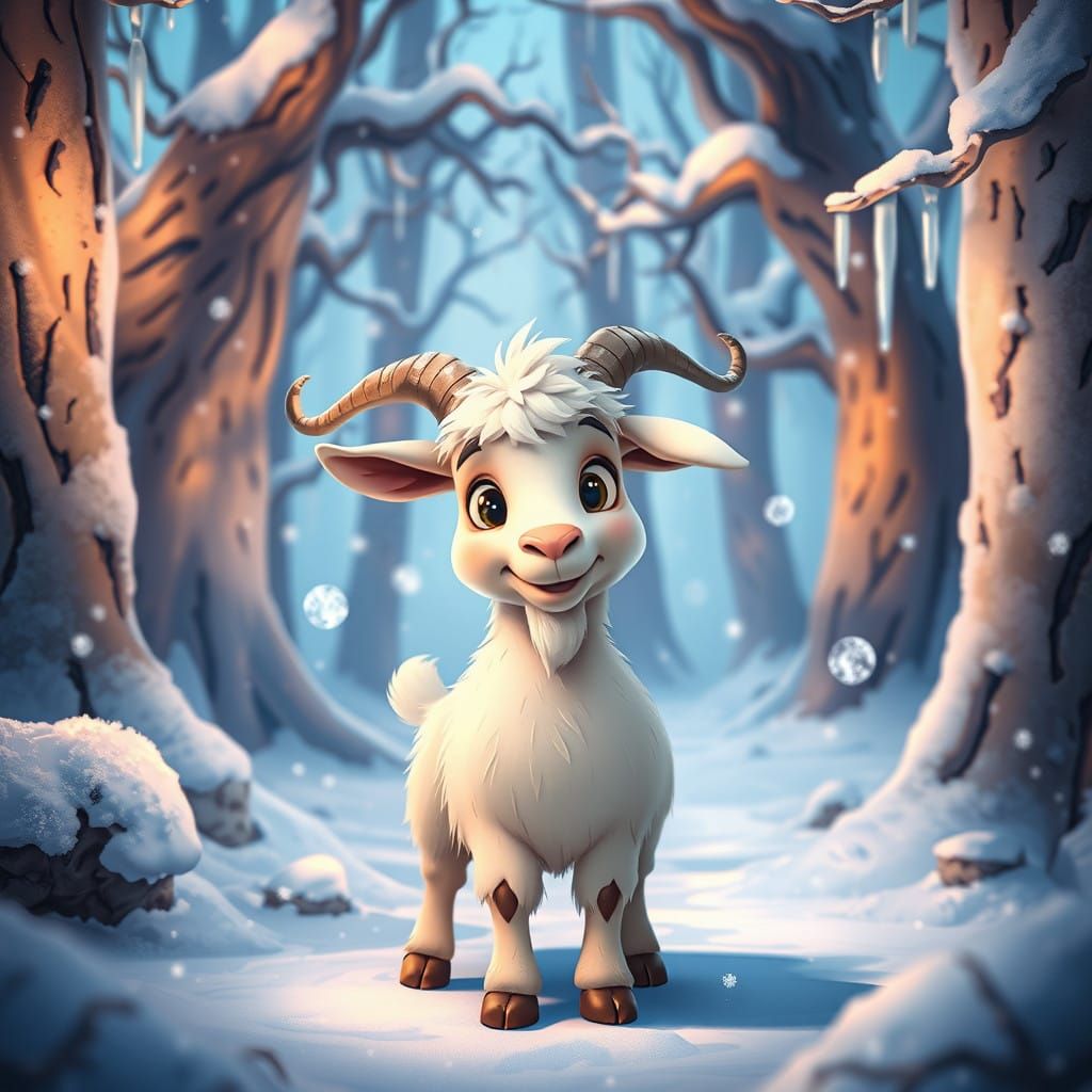 Whimsical Goat in Enchanted Winter Wonderland Cartoon