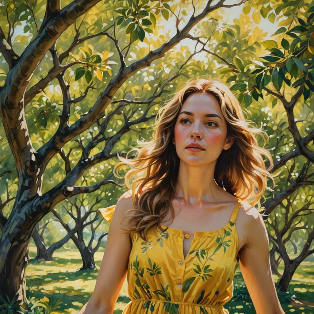 Orchard Stroll: Oil Painting in Renaissance Style