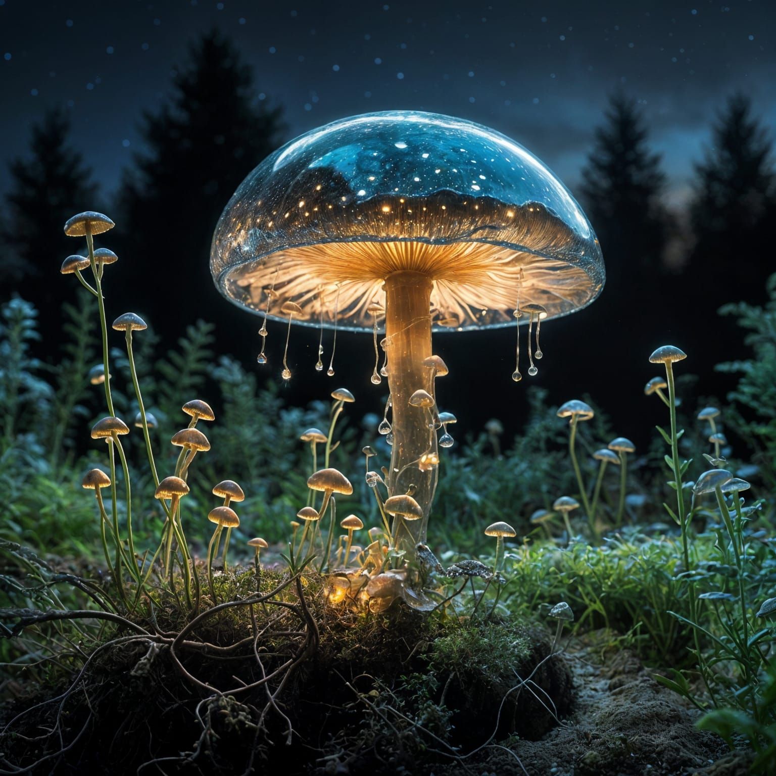 Glowing Glass Mushroom Under Starry Night Sky