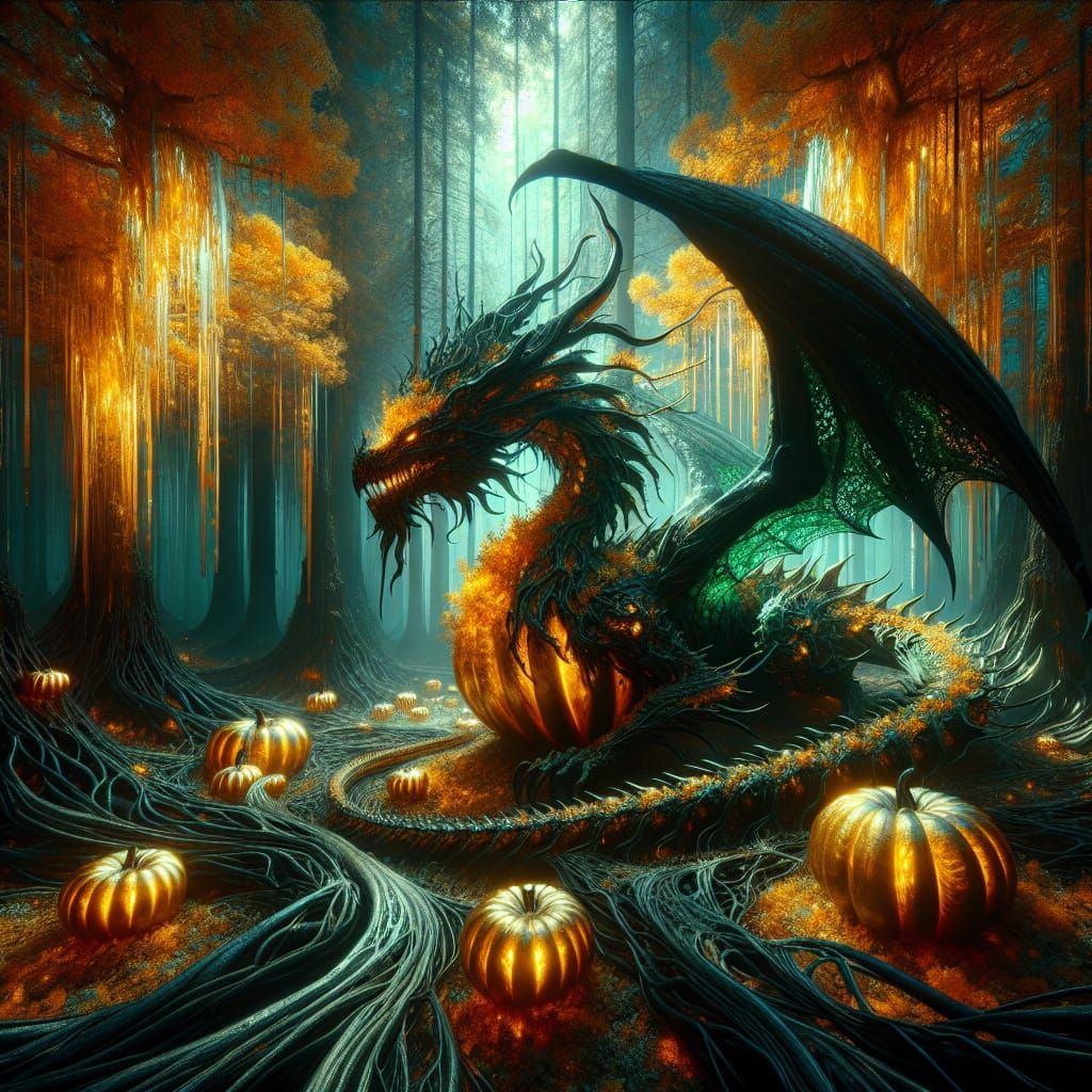 Pumpkin Dragon in Ancient Forest, Fantasy Concept Art