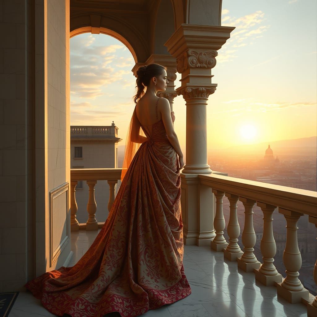 Renaissance Noblewoman on Marble Balcony at Dawn