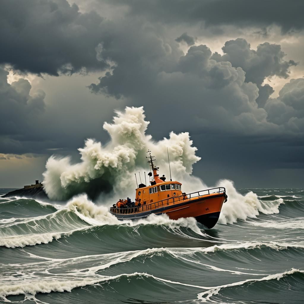 Lifeboat Launch into Stormy Sea in Pop Art Style