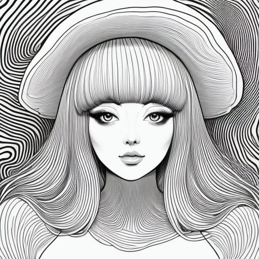 Monochrome Line Art Portrait of Mushroom Lady