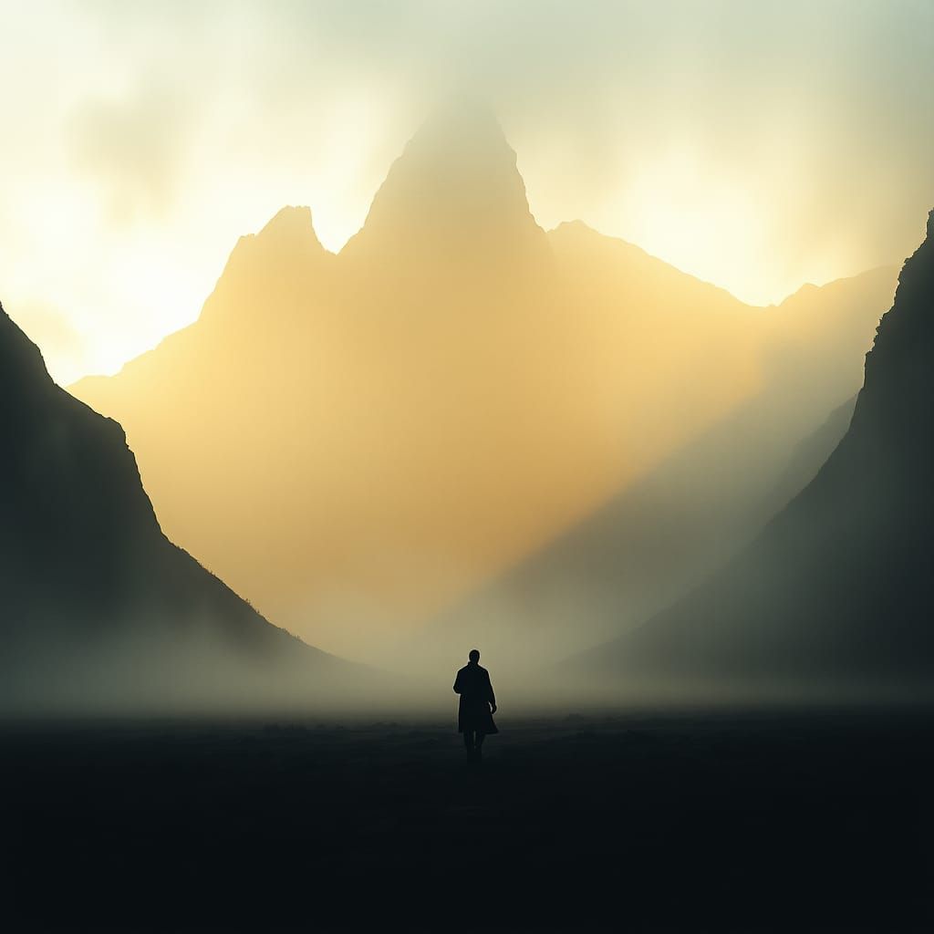 Lone Figure in Valley with Golden Light