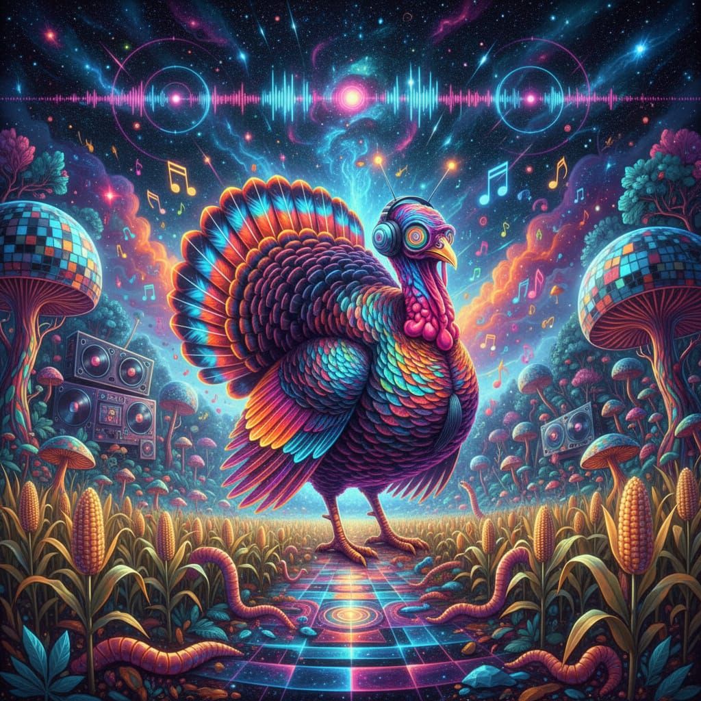 Psychedelic Turkey in Cosmic Jungle with Neon Feathers