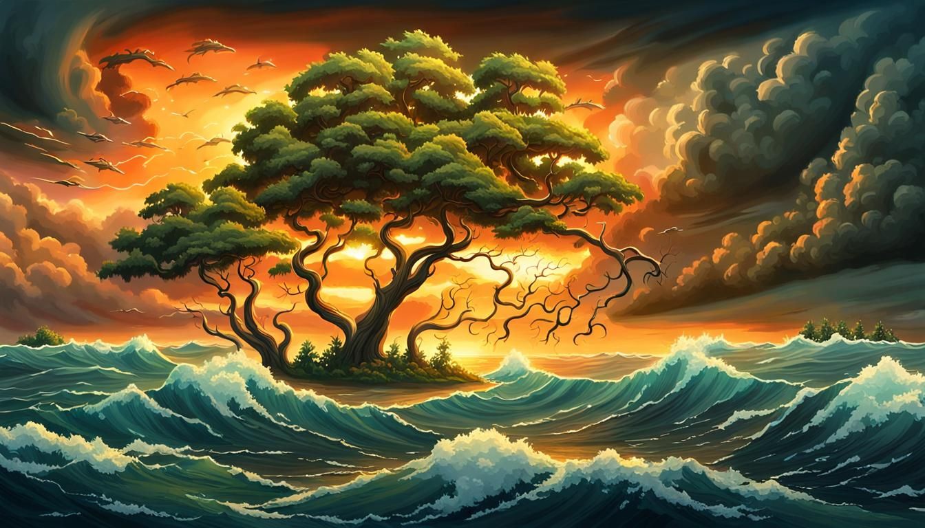 Dramatic Ocean Scene: Island vs. Intense Storm