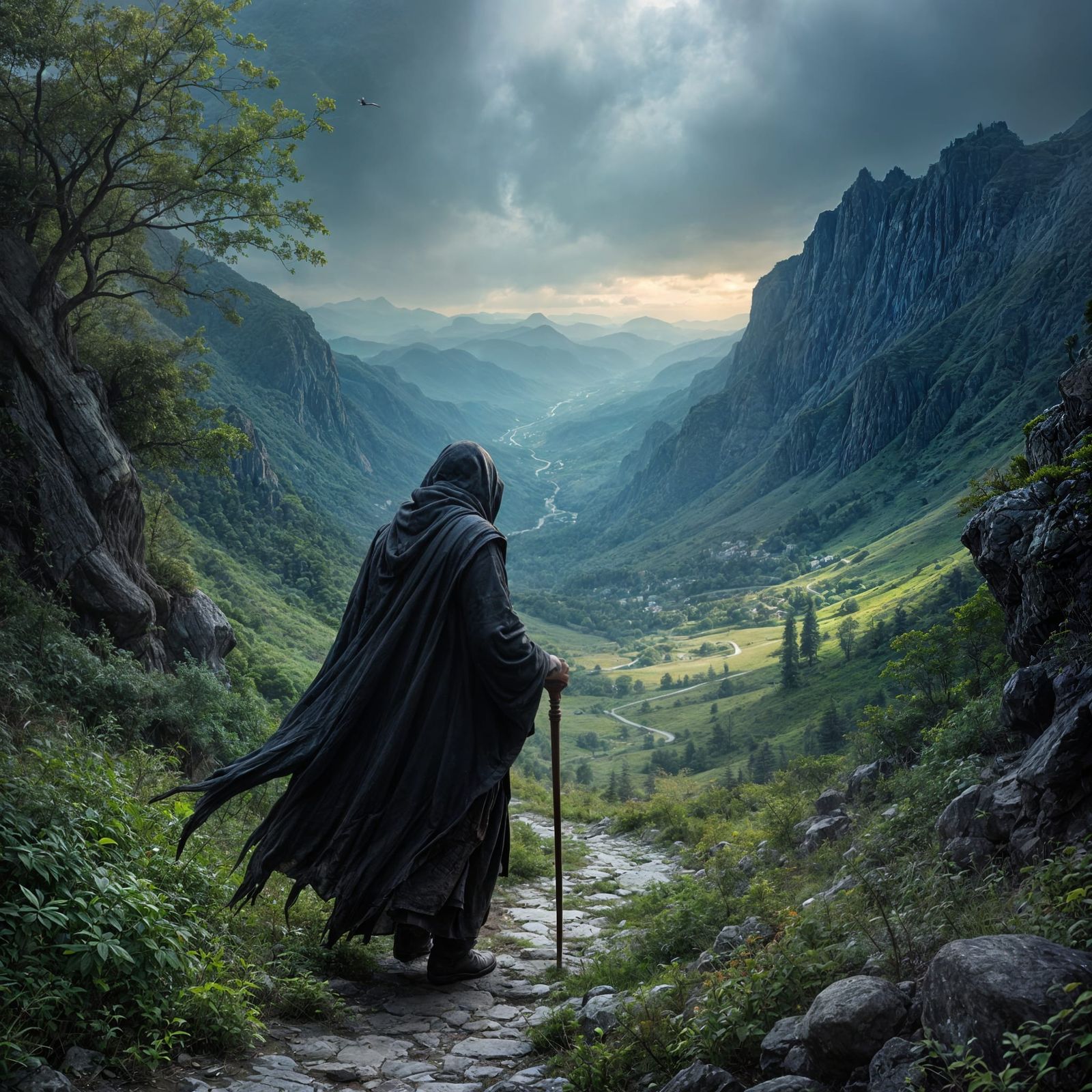 Traveler on Overgrown Path in Storm, Hyperrealistic