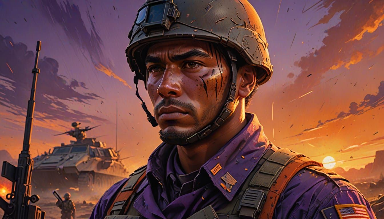 Soldier Gazes at Sunset in Splash Art Style