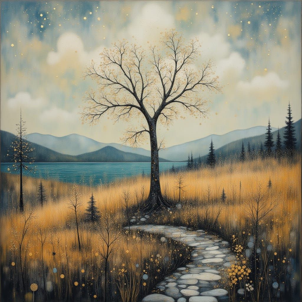 Whimsical Forest Landscape with Dead Tree