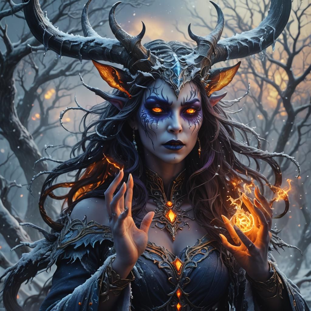 Dark Fantasy She-Demon Casting Winter Spell
