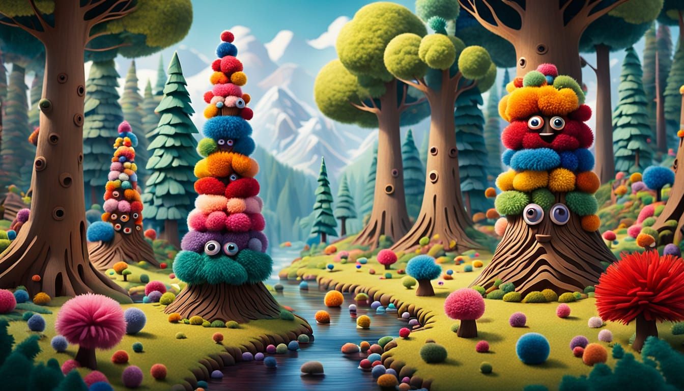 Whimsical Pom-Pom Forest Scene with Googly-Eyed Creatures