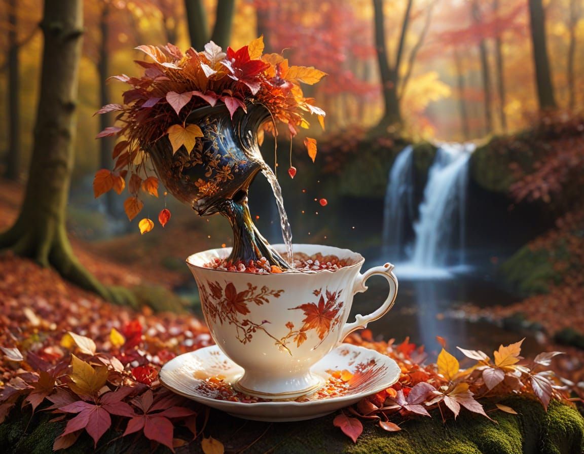 Giant Teacup Autumn Waterfall With Crimson Gold Leaves