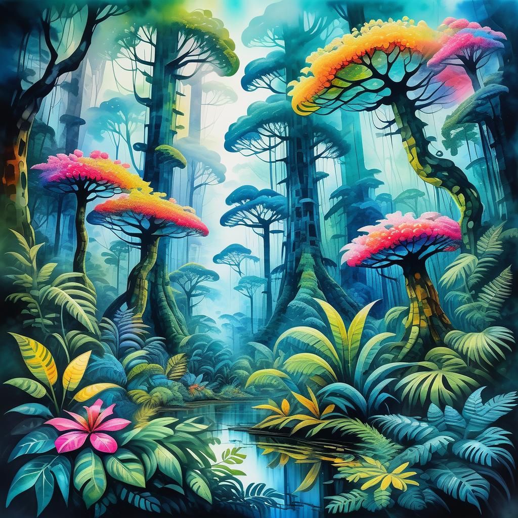 Lush Rainforest in Gouache and Watercolor Style