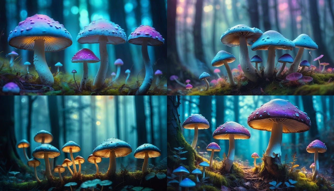 Surreal Iridescent Mushrooms in Vibrant Fluo Colors