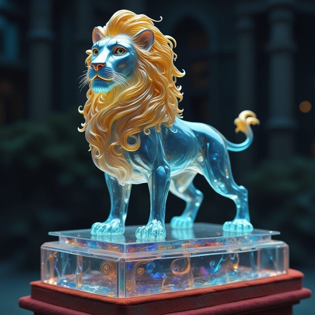 Glass Lion with Golden Mane on Velvet Pedestal