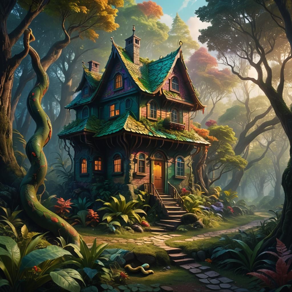 Vibrant Fantasy House Amidst an Enchanted Forest in Cyberpun...