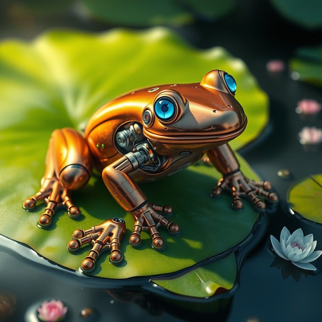 Metallic Robot Frog in Whimsical Dreamlike Scene