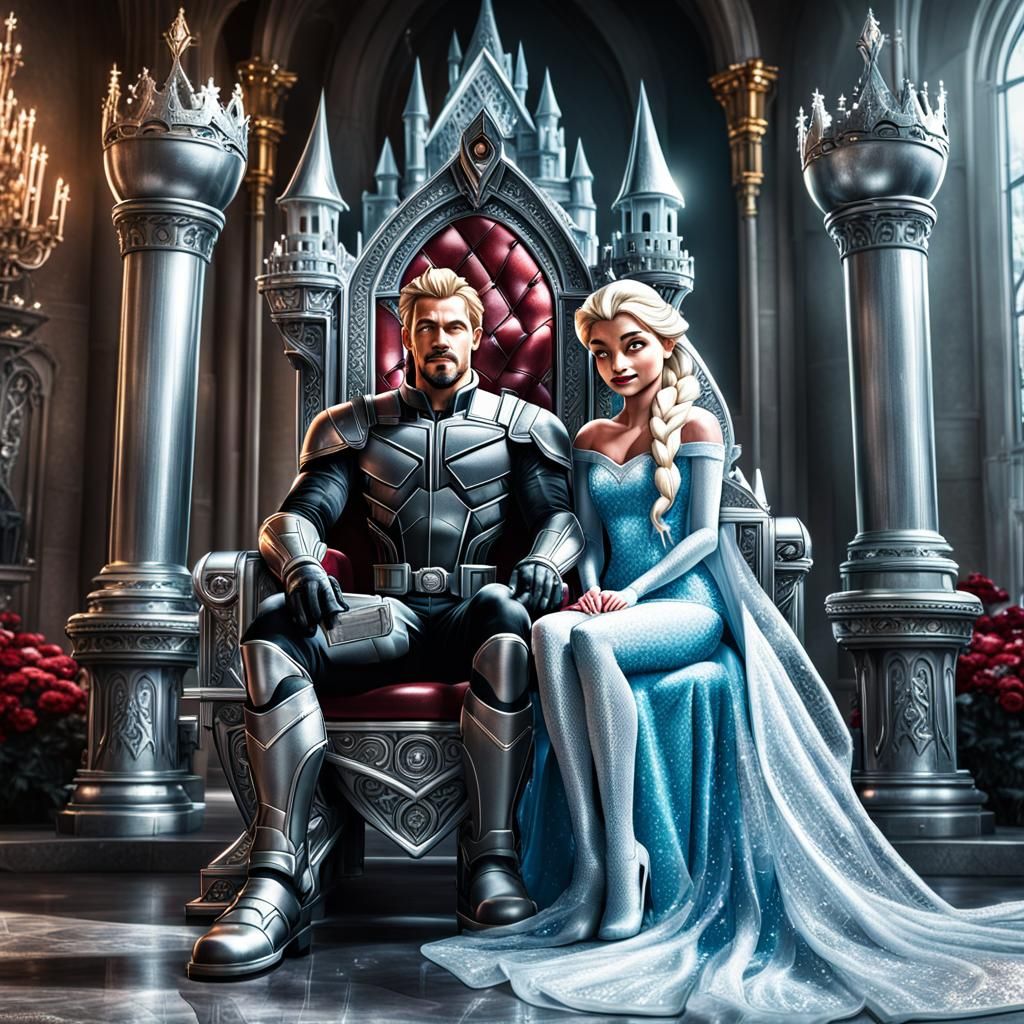 Deadpool and Elsa on a Throne in Silver Castle