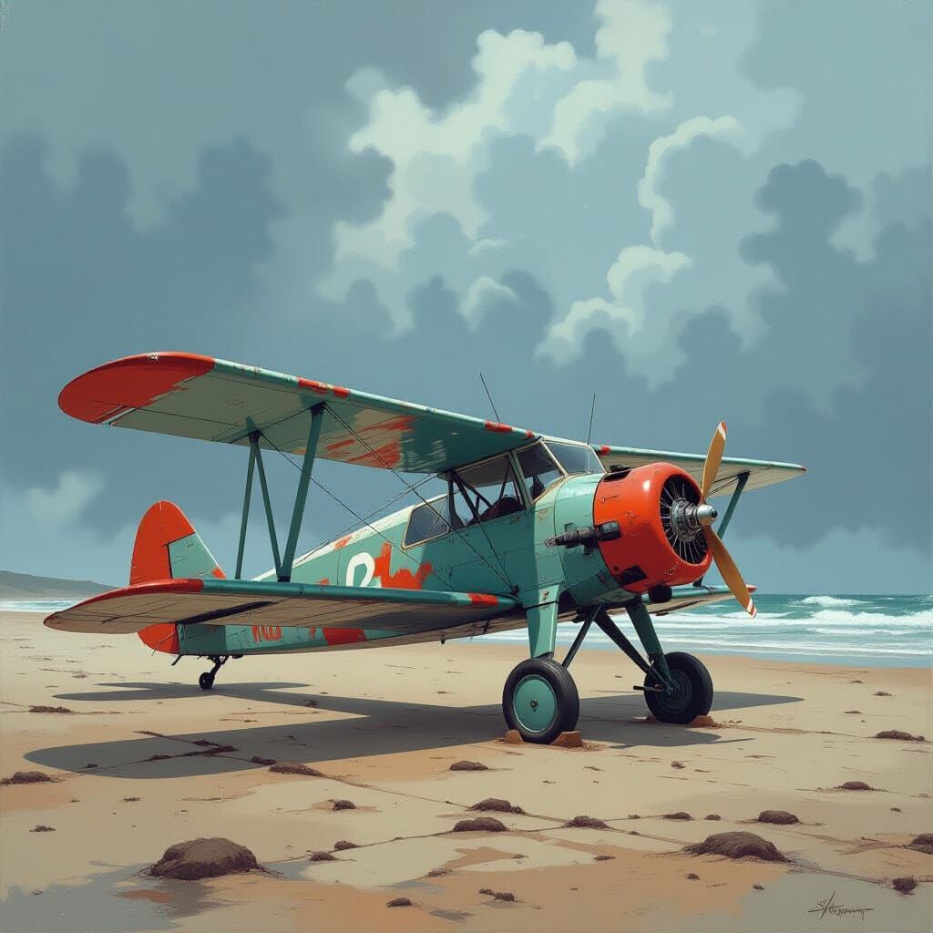 Vintage Biplane on Windswept Beach in Sci-Fi Style