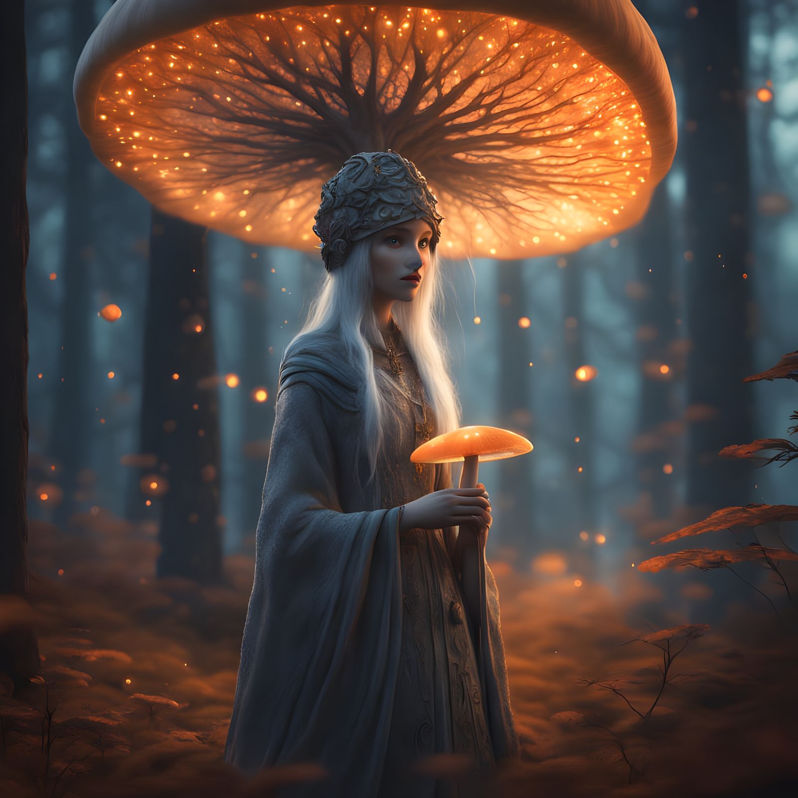 Whispering Forest Spirit beneath Celestial Mushroom