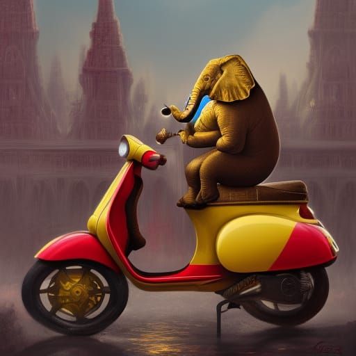 Yellow Elephant on Red Vespa: Fantasy Concept Art