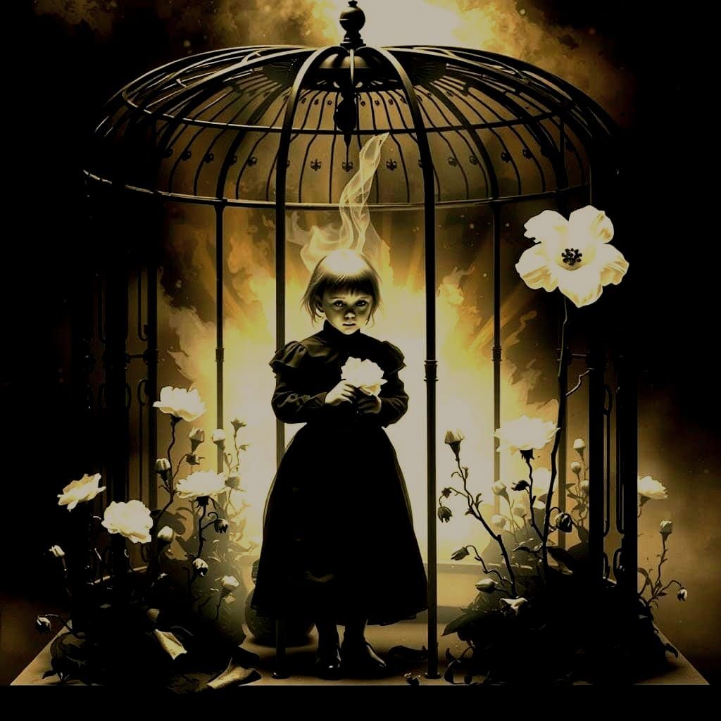 Ethereal Gothic Tragedy: Levitating Cage and Wilted Flowers