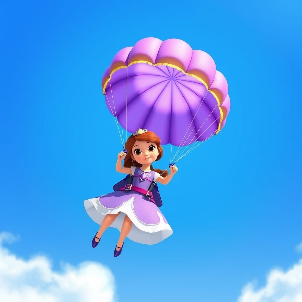 Princess Sofia Soaring with Purple Parachute, Whimsical Styl...