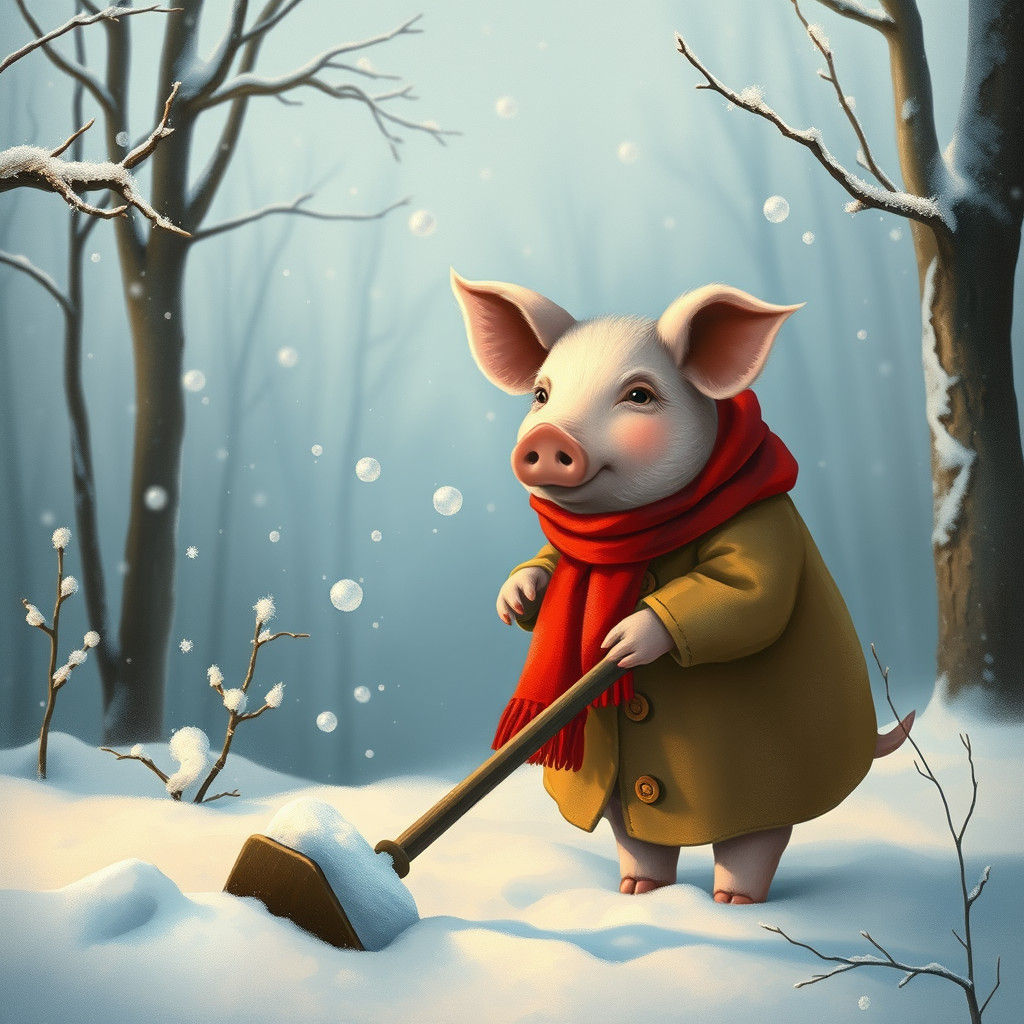 A pig shoveling snow