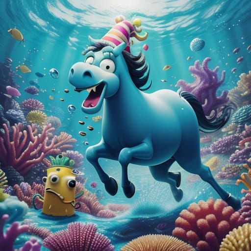 Horse Celebrates in SpongeBob Style Underwater City