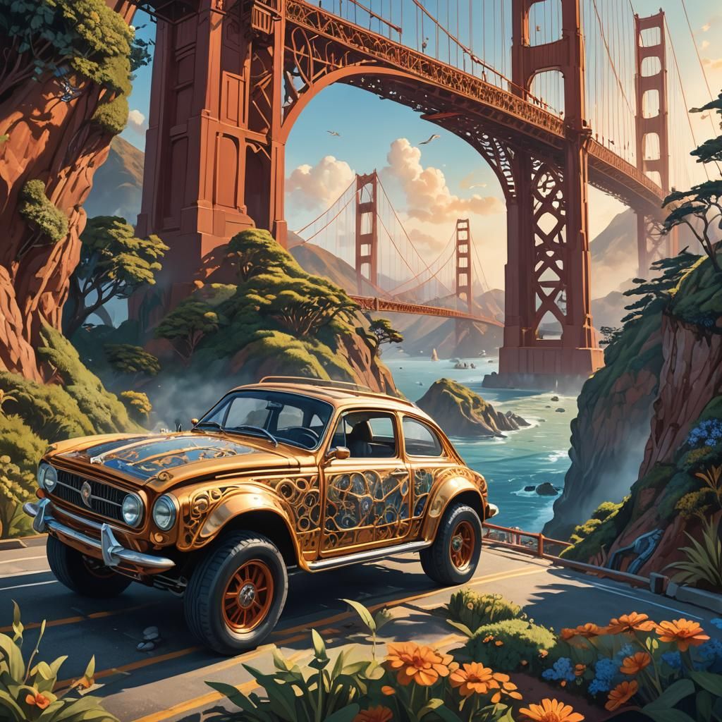 Majestic Car Supported by Golden Gate Bridge