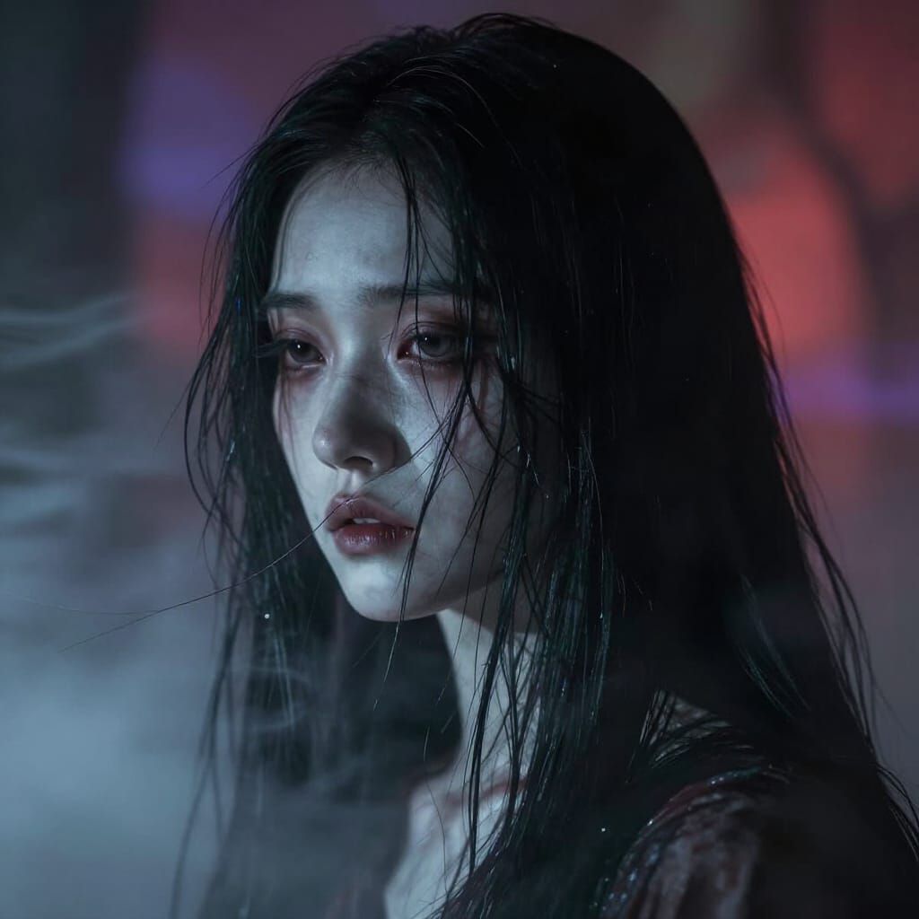 Ghost Woman's Pale Face in Dramatic Shadows