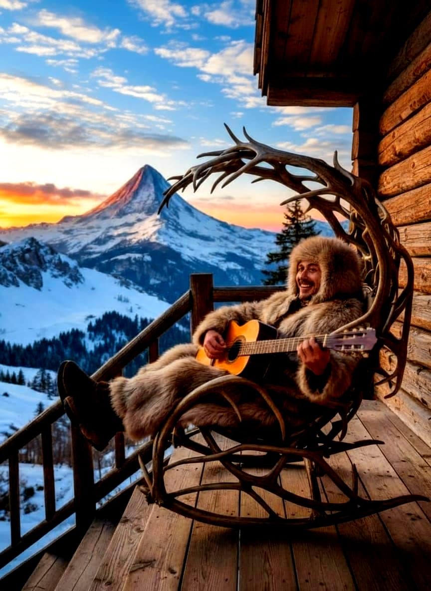 Musician with Snowy Mountains and Blue Sunset Sky
