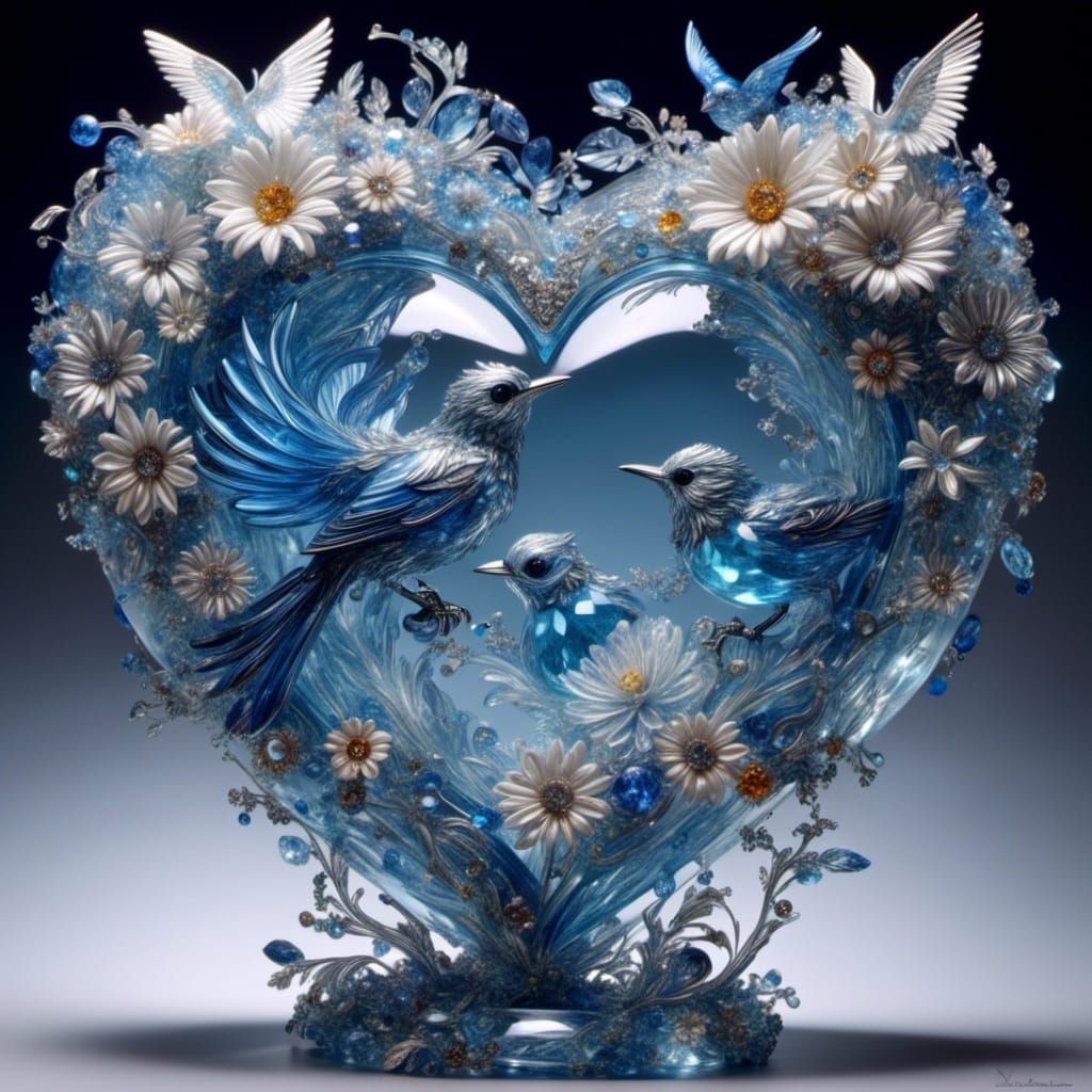 Crystal Heart with Bluejay in Decoupage Style