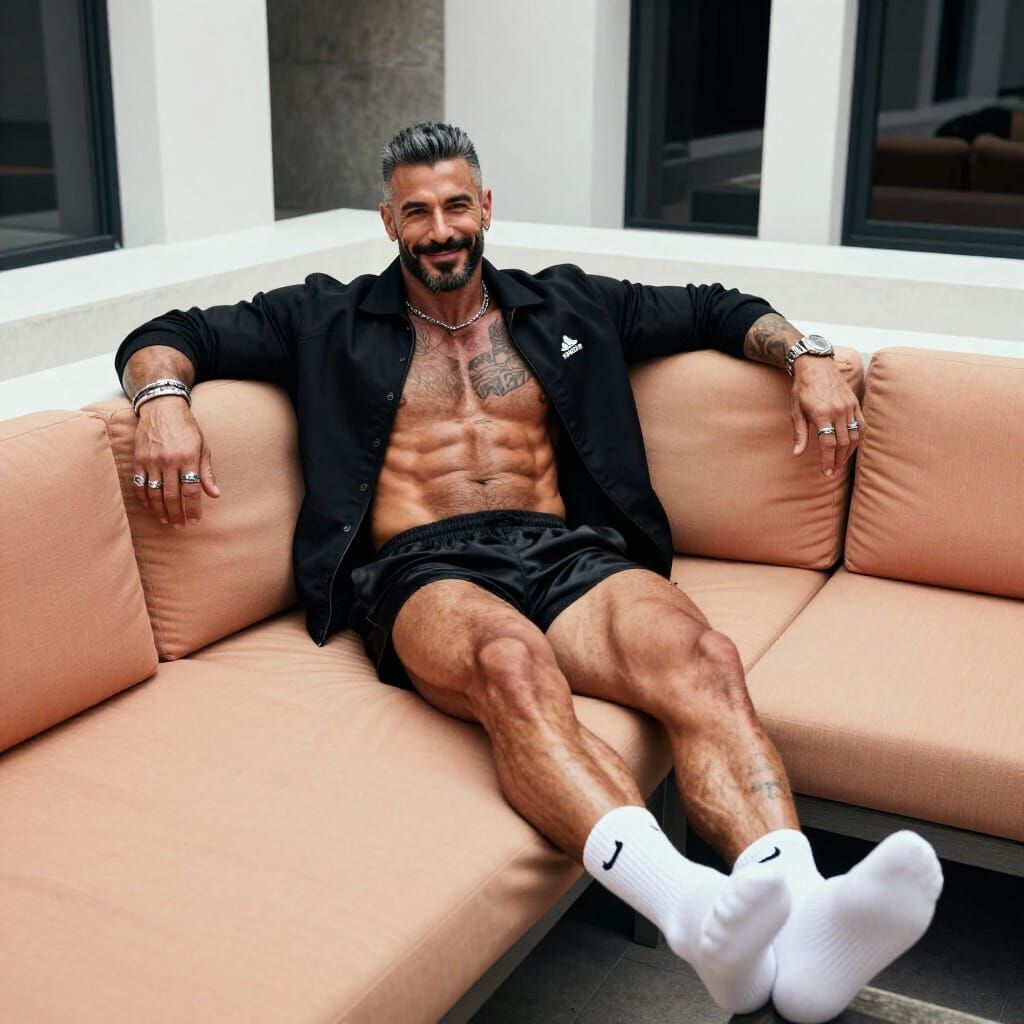 Muscular Man Relaxing on Sofa in Modern Outdoor Lounge