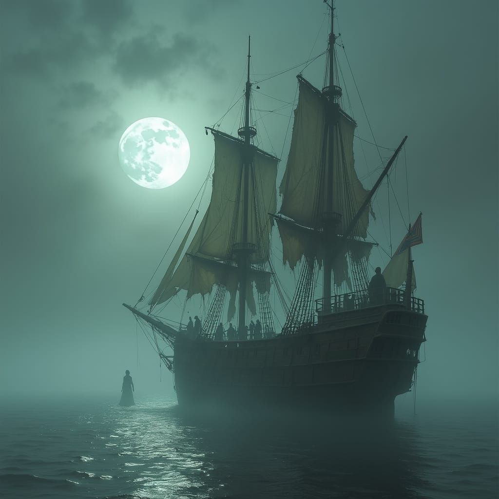 Ethereal Ship Crew Under Full Moon