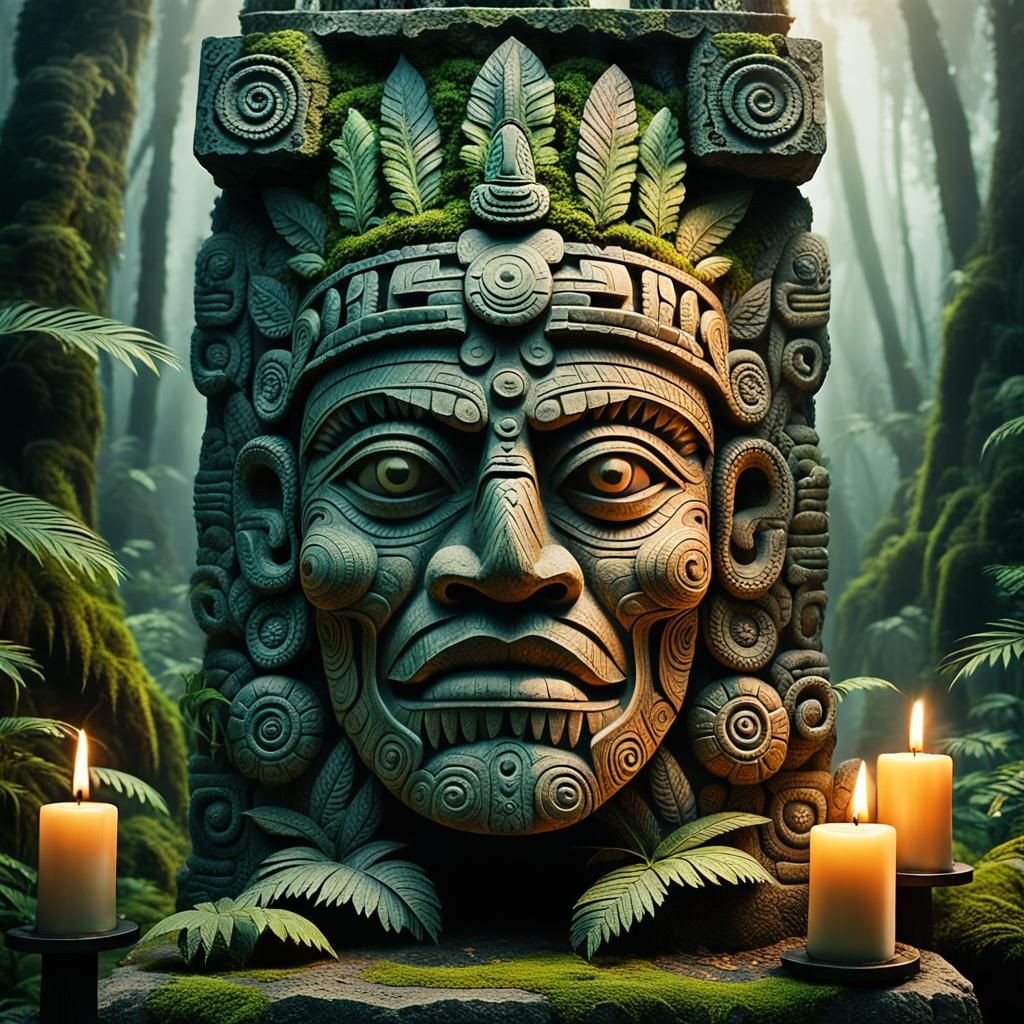 Ornate Aztec Warrior Face Carving in Jungle