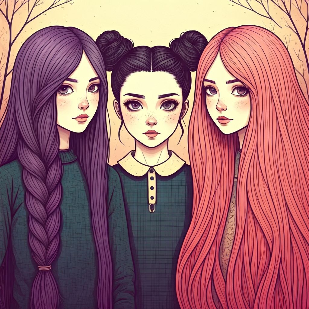 Three Girls with Colorful Hair in Whimsical Illustration