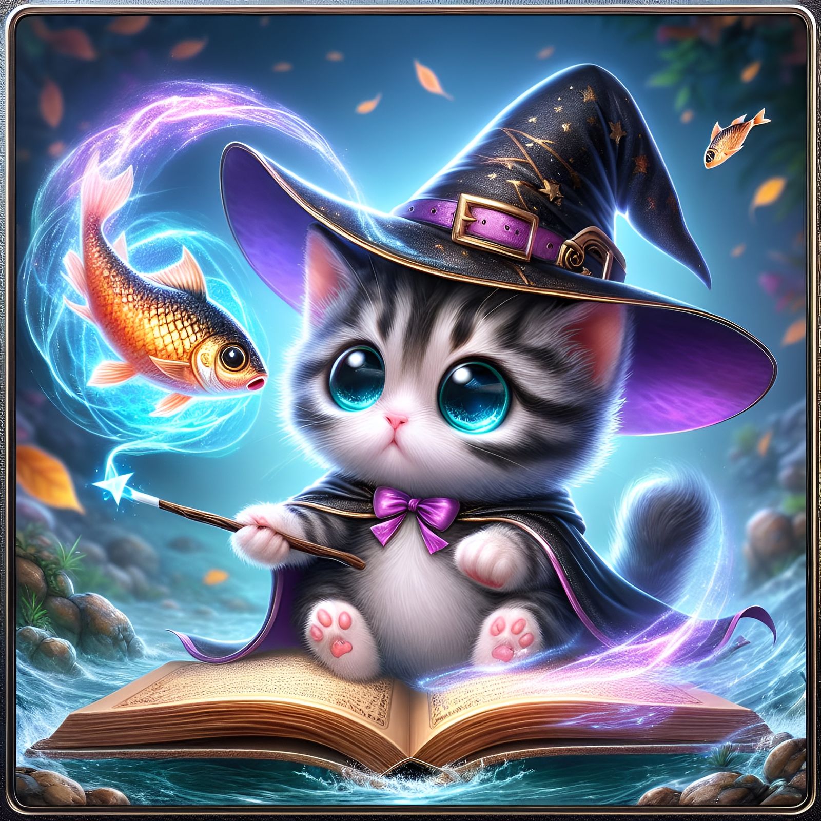 Magical Kitten Conjuring Fish with Spellbook