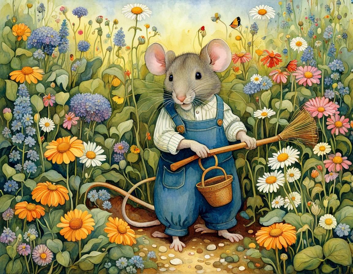 Mouse Gardener Collecting Wildflowers in Art Nouveau Style